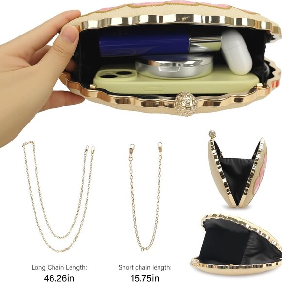 Women's Large Woven Straw Embroidered Shellsea Pattern Clutch Bag with Dual Chai - Picture 4 of 7